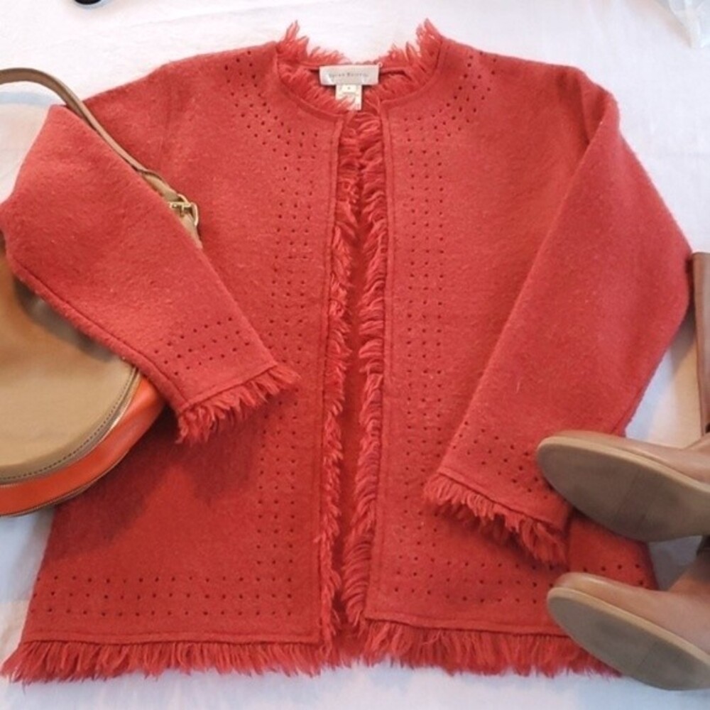 100% PURE WOOL ORANGE JACKET FRINGE DETAIL SMALL Y2k VINTAGE SUSAN BRISTOL FALL